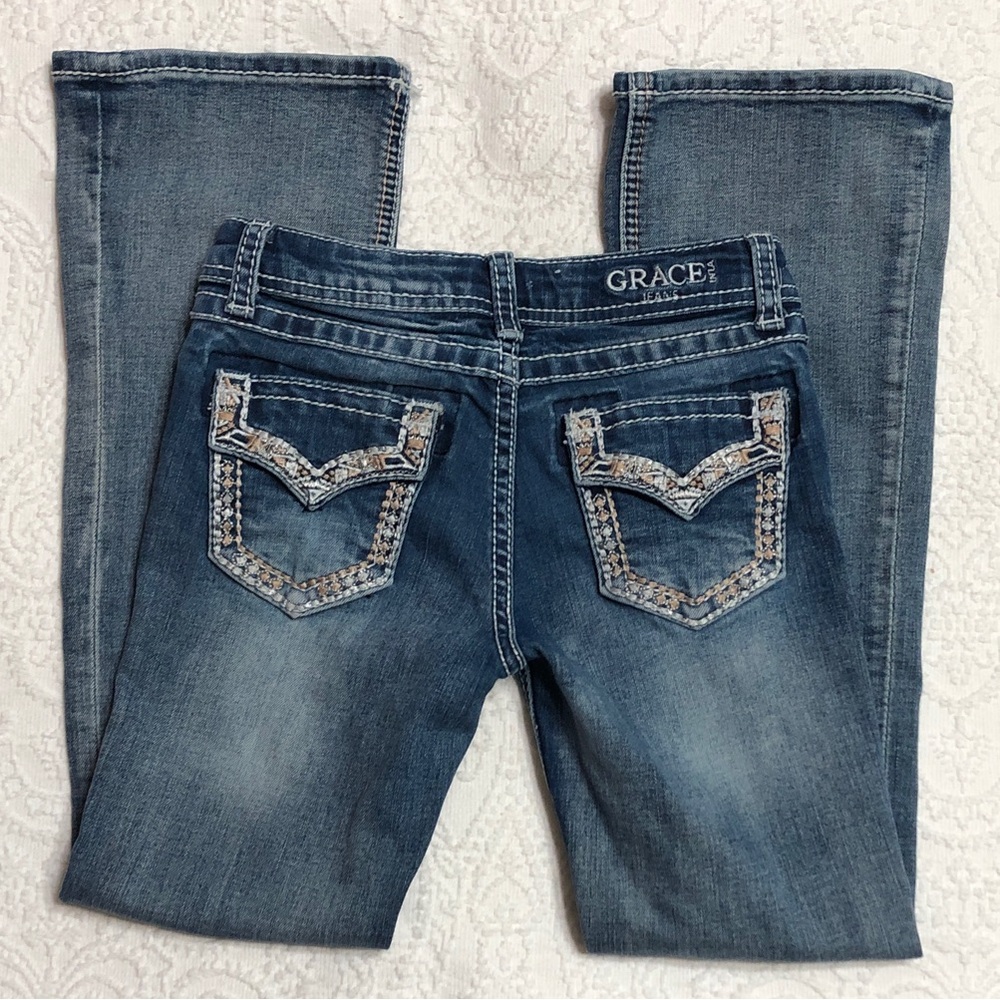 Grace Girls Bootcut Jeans Size 6X Embroidered Flap Pockets Adjustable Waist
